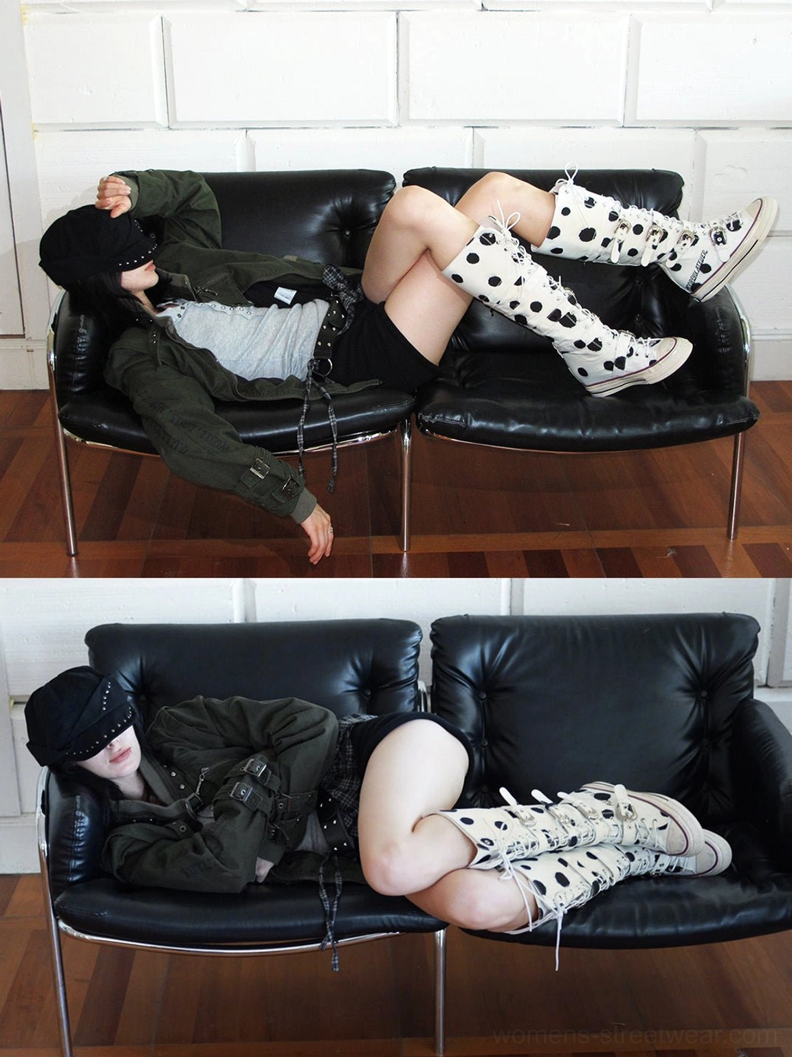 White Dalmatian print canvas boots shown on a model and in close-up with visible pattern, laces, buckles, and sole