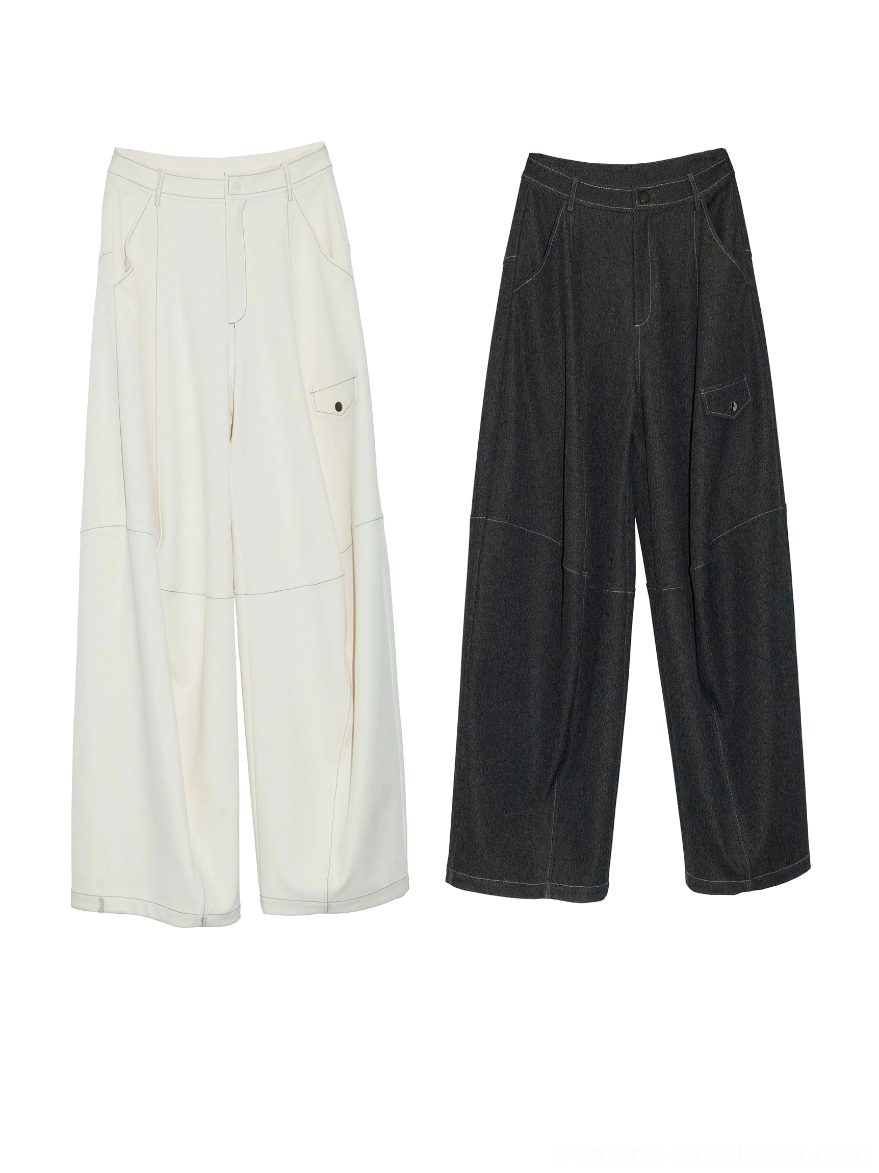 Flat lay display of white and dark gray wide leg cargo pants with utility side pockets, tailored seam details, high waists, and button fly closures