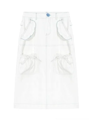 White denim utility pocket midi skirt flat lay front view with drawstring pouch pockets and contrast stitching