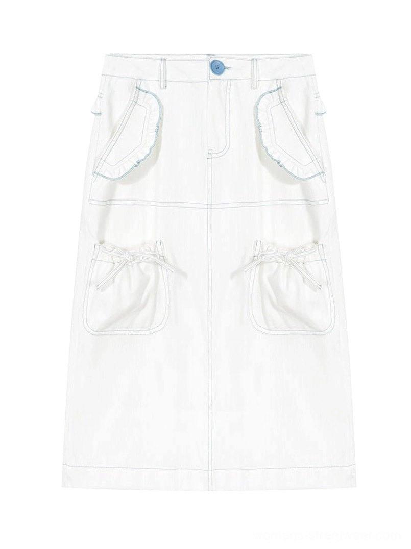 White denim utility pocket midi skirt flat lay front view with drawstring pouch pockets and contrast stitching