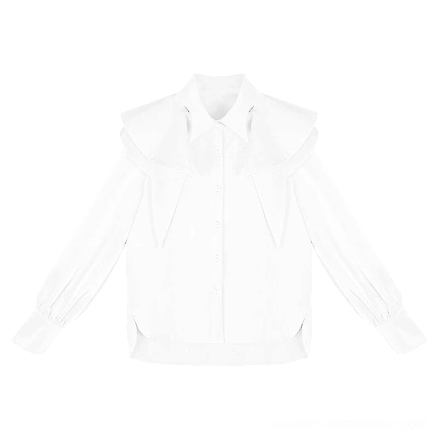White detachable cape collar blouse shown flat lay with oversized layered collar, front button placket, long sleeves, and side split hem