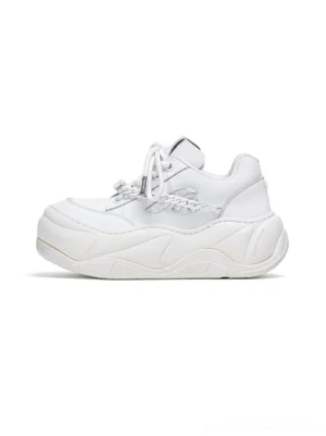 White detachable chain platform chunky sneakers side view with smooth white upper and elevated sole