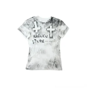 White distressed cross graphic T-shirt with tonal cross appliqués, faded splatter tie-dye texture, ARGUEU LTURE text design, and slim Korean streetwear silhouette