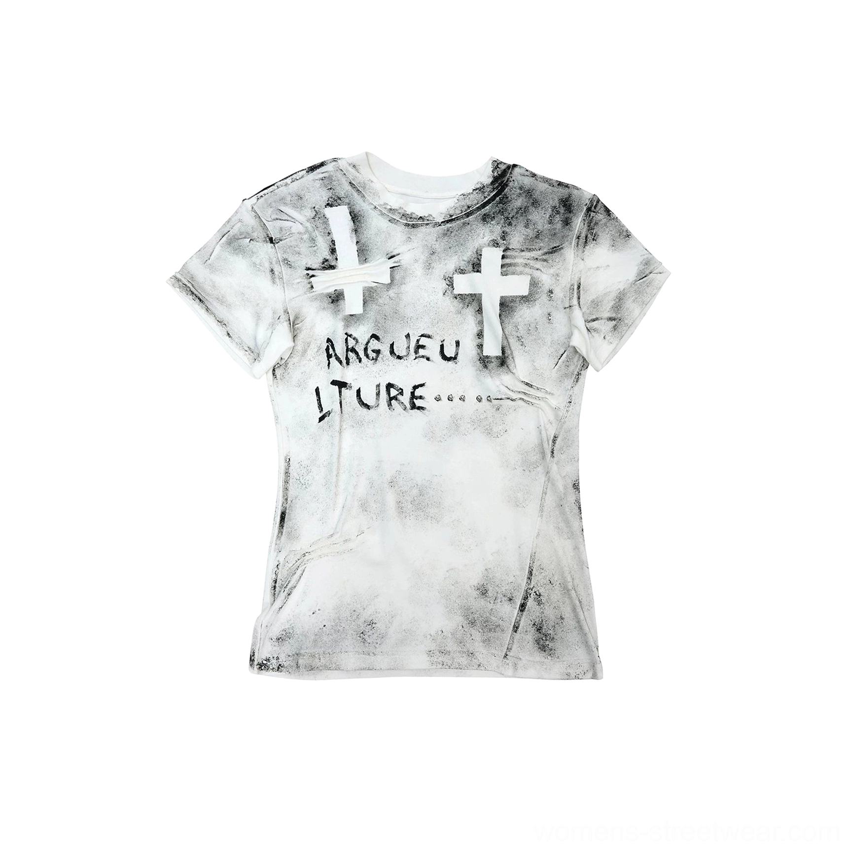 White distressed cross graphic T-shirt with tonal cross appliqués, faded splatter tie-dye texture, ARGUEU LTURE text design, and slim Korean streetwear silhouette
