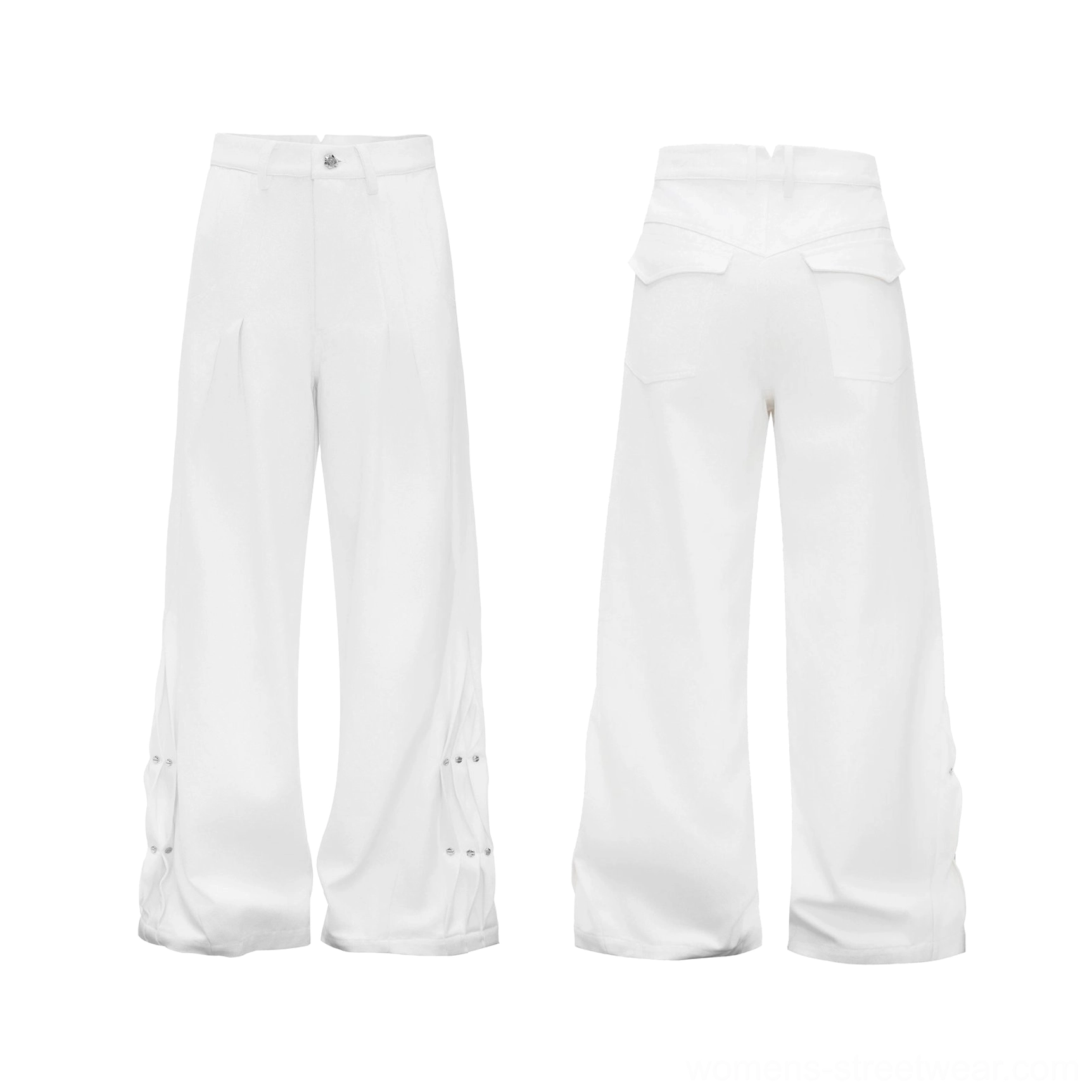 Flat lay front and back view of white draped wide-leg streetwear trousers with front pleats, rear patch pockets, lower-leg snap accents, and metal rivets
