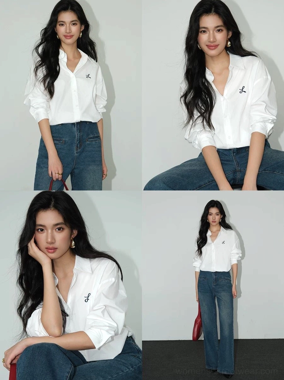 White embroidered long-sleeve shirt shown from multiple angles with relaxed oversized fit and versatile denim styling
