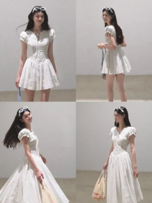 Gardenia white embroidered eyelet flutter sleeve dress shown in mini and maxi lengths from multiple angles