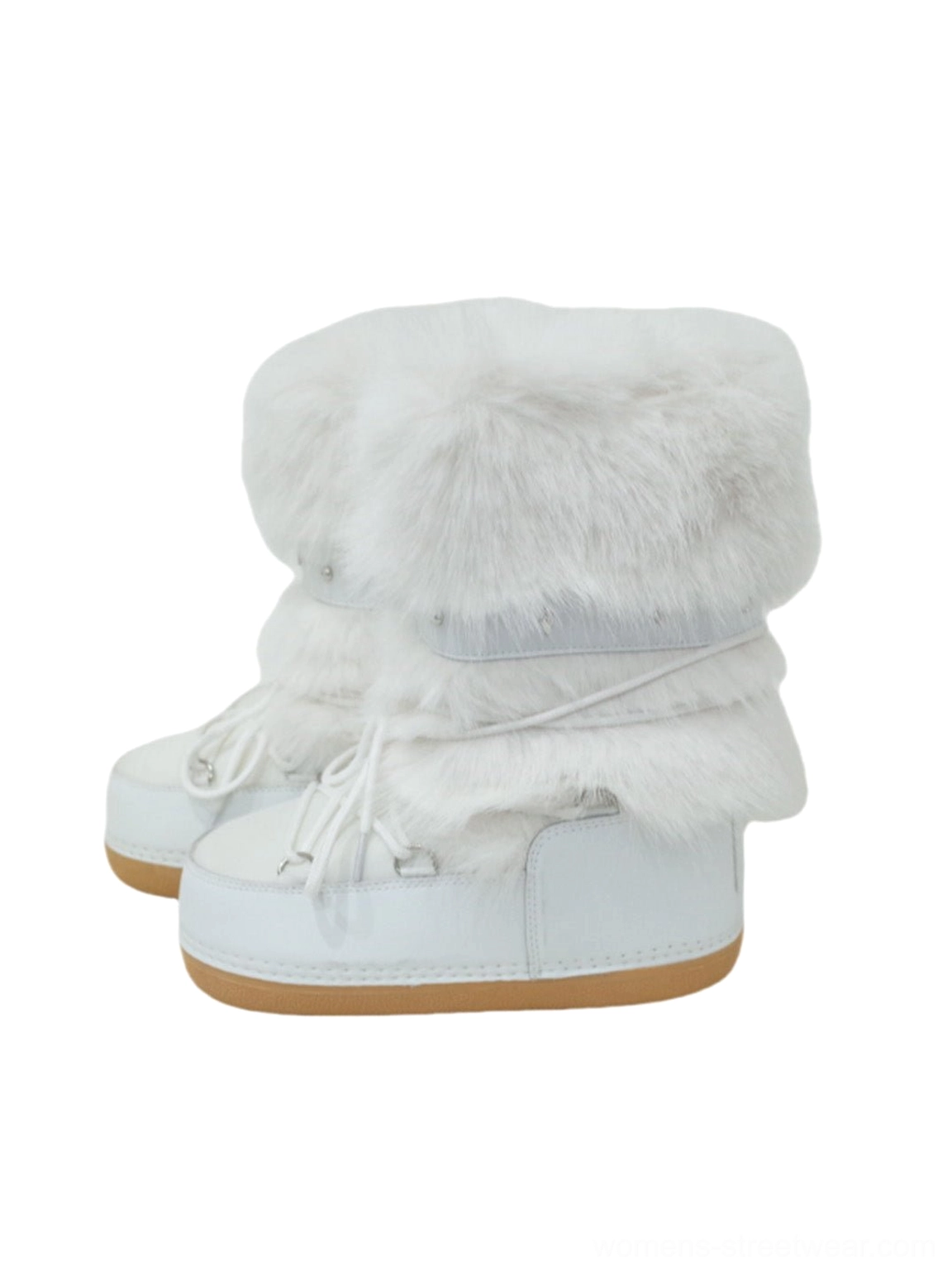 Three-quarter product view of white faux fur snow boots featuring lace-up fronts, studded cuffs, and chunky platform soles