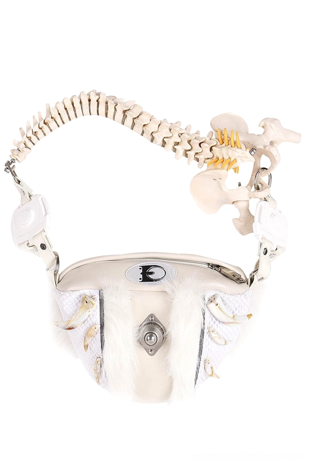 Flat lay front view of white faux fur skeletal spine handle shoulder bag with off-white leather body and silver clasp