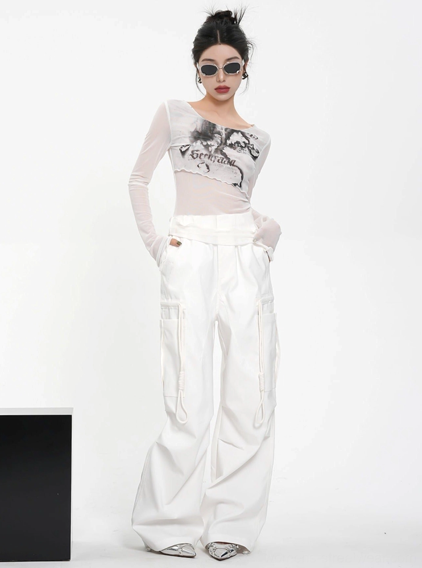 White fitted sheer mesh romantic graphic crop top with asymmetrical neckline in Korean streetwear style