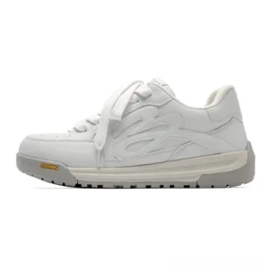 White low-top platform skate sneakers with smooth synthetic leather upper, flame embossed side detail, chunky rubber outsole, and clean streetwear silhouette