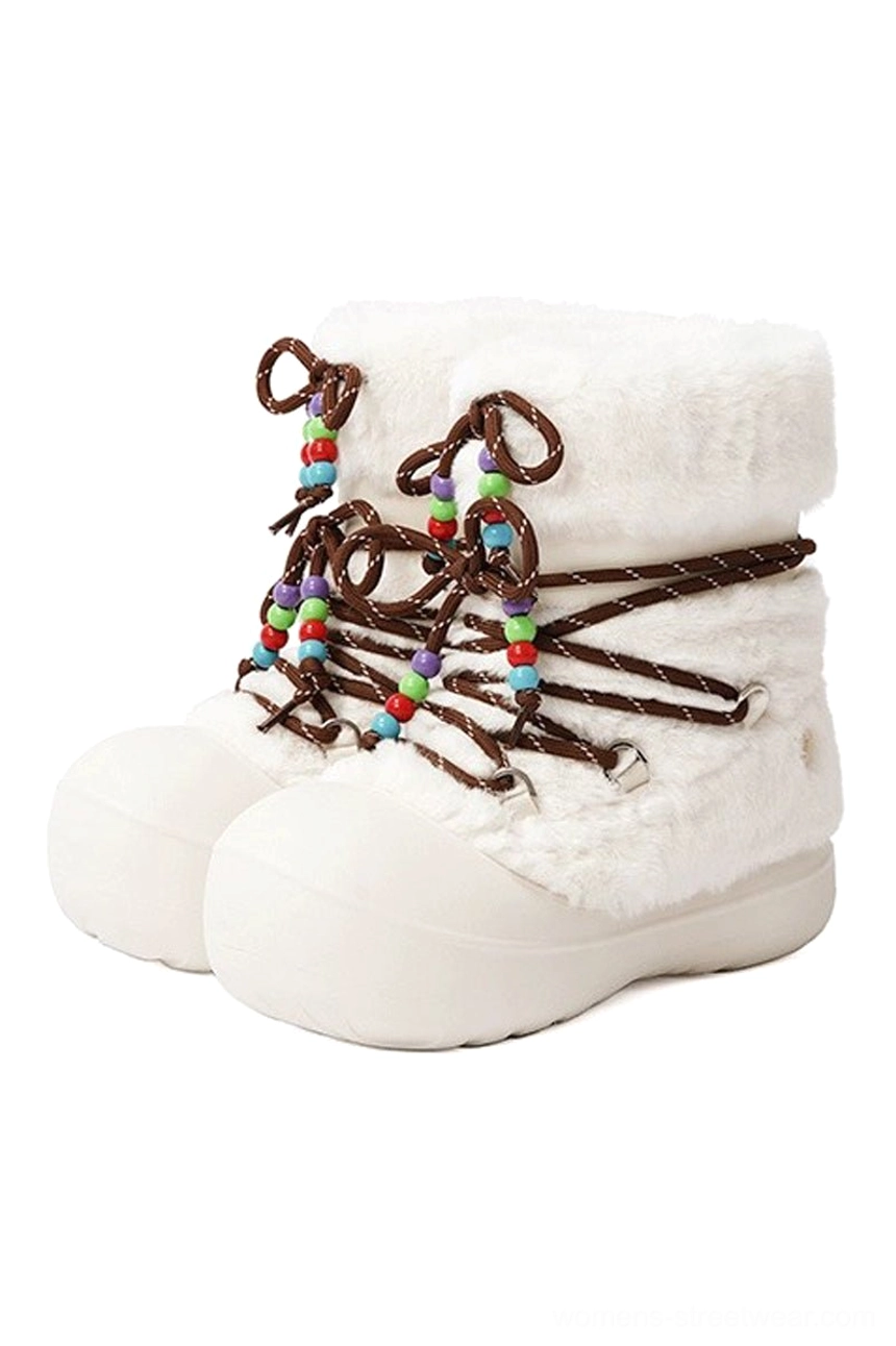 White fleece winter platform boots with brown laces colorful bead accents and thick off-white rounded sole