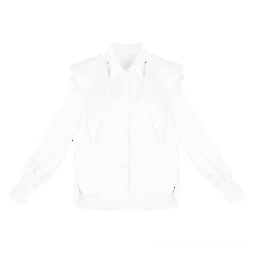 White fox charm ruffle blouse color option with layered collar, lantern sleeves, and tailored silhouette
