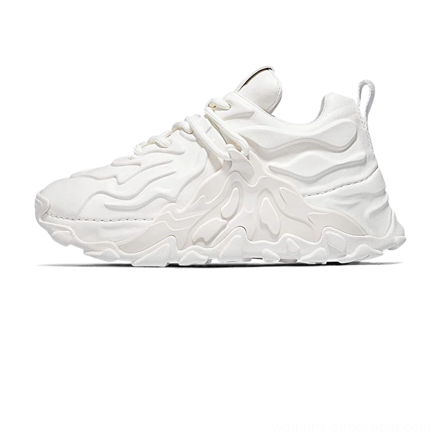 White futuristic sculpt chunky sneakers in a clean side front product view with minimalist molten wave streetwear styling