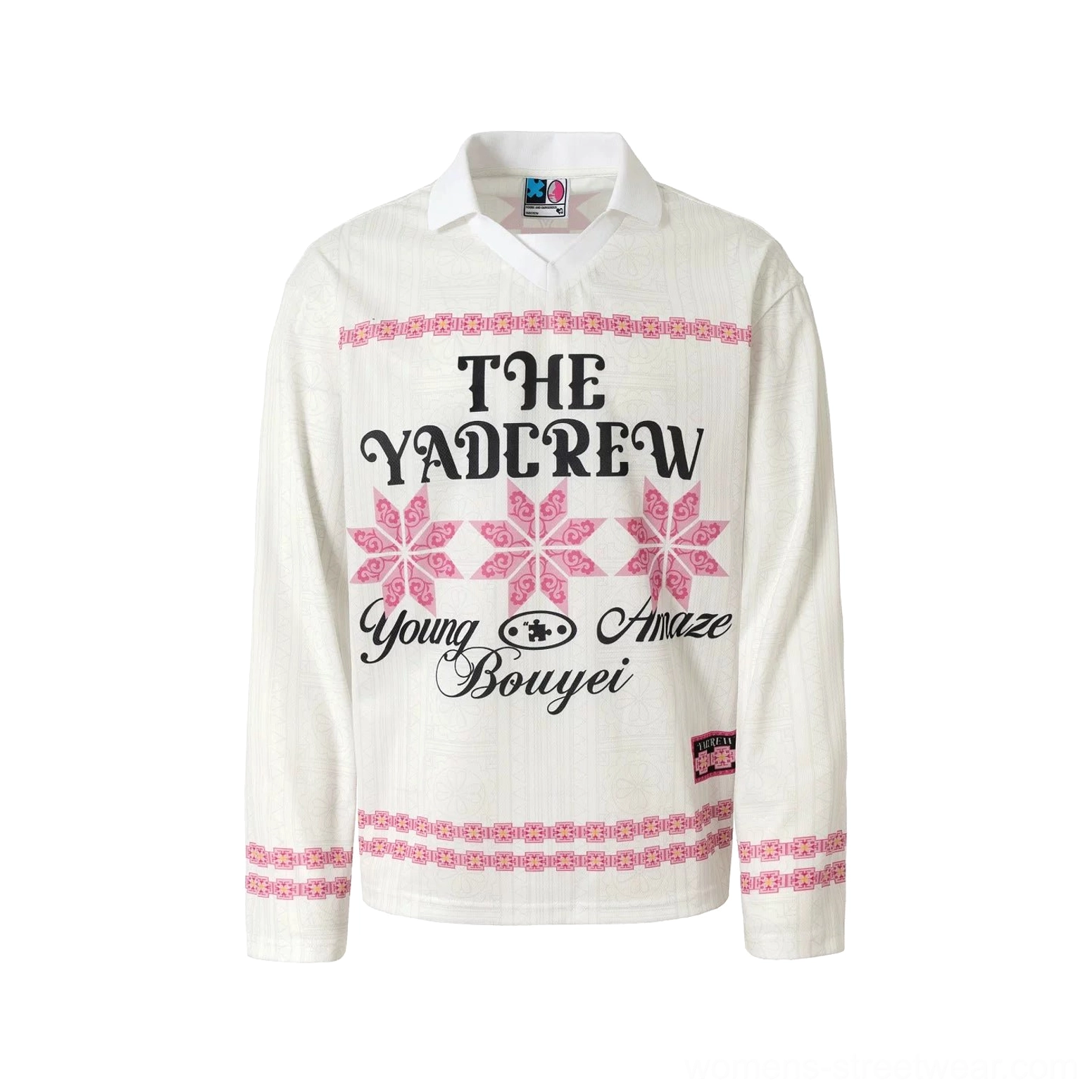 White geometric graphic collared long sleeve streetwear shirt displayed in a flat lay with pink decorative borders, typography, and snowflake motifs
