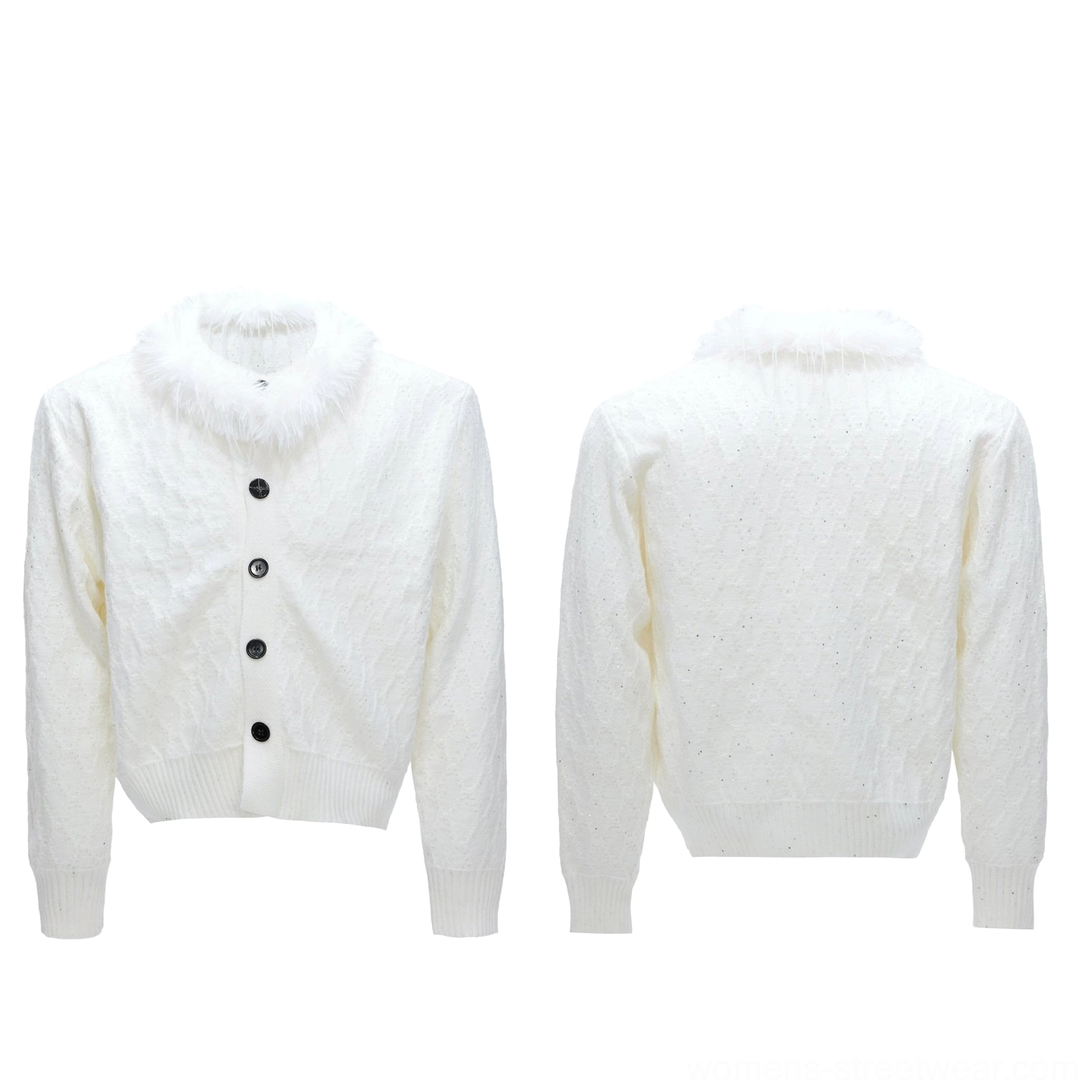 White glitter cable knit cardigan with detachable faux feather collar and button-front cropped silhouette product view