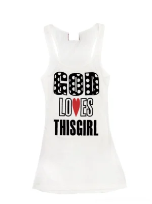 White God Loves This Girl longline graphic tank top front flat lay with red heart slogan print
