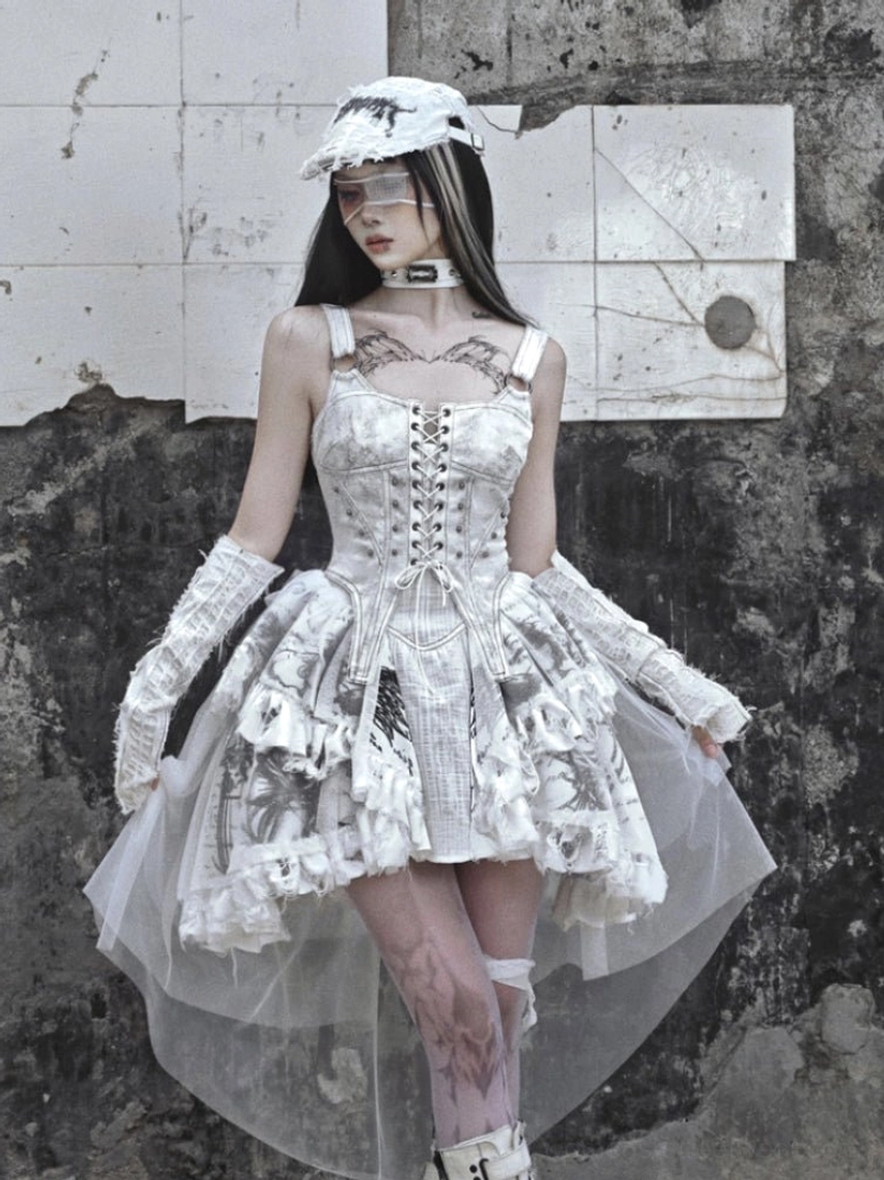 White gothic corset high-low dress front view featuring wide straps front lacing and layered ruffle skirt
