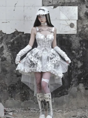White gothic corset high-low dress with layered ruffles and sheer tulle back train front full-body view