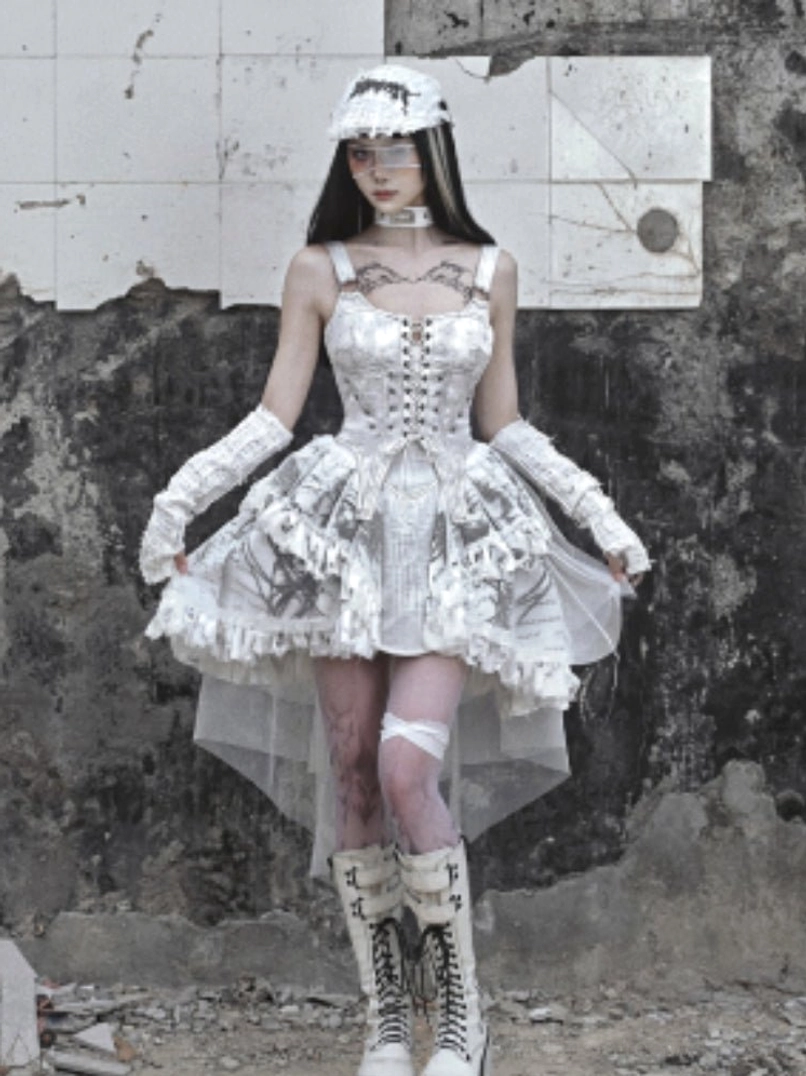 White gothic corset high-low dress with layered ruffles and sheer tulle back train front full-body view