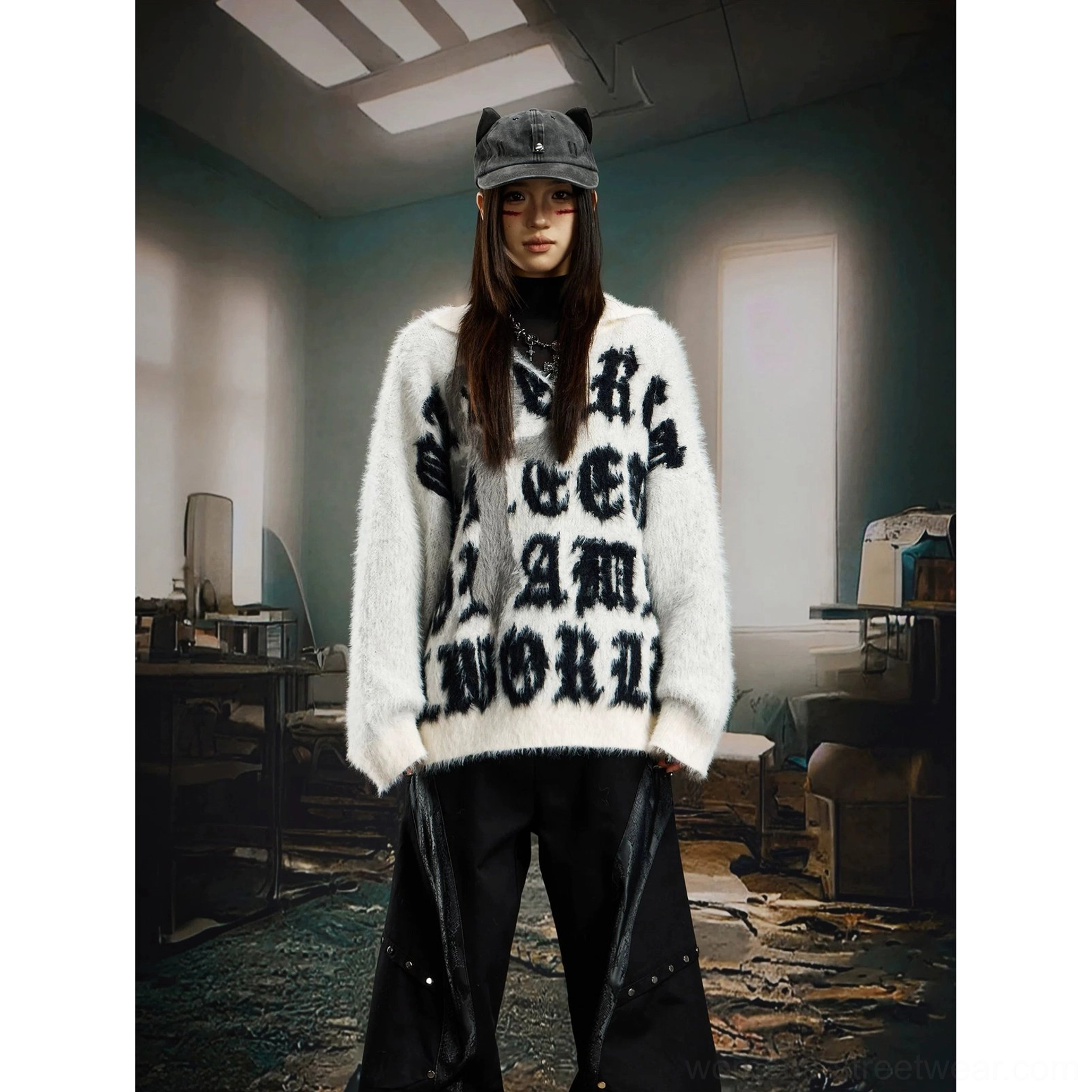 White gothic cross fuzzy jacquard sweater product image with bold lettering, soft brushed texture, and relaxed streetwear fit