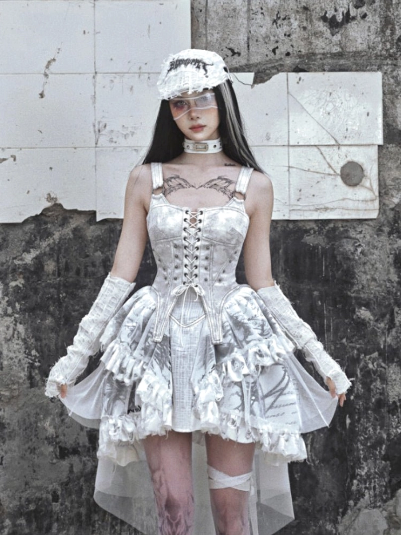 White gothic lace-up corset high-low dress with sleeveless bodice layered skirt and sheer tulle train