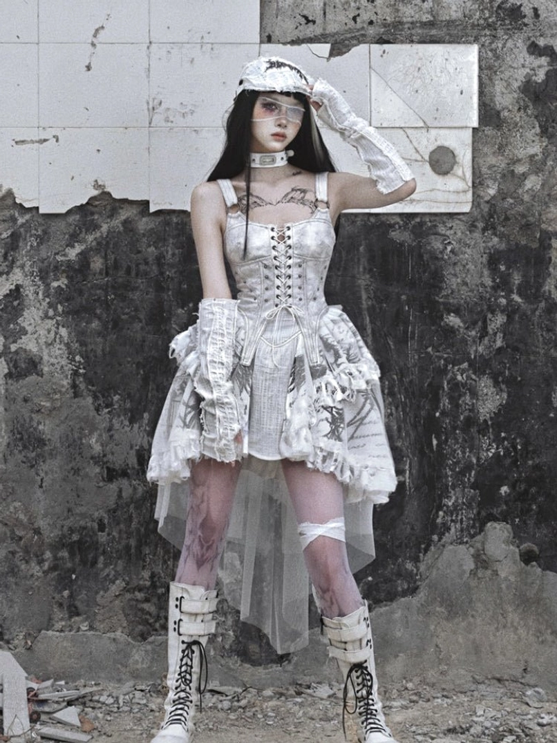 White gothic lace-up corset high-low tulle train dress full-length alternative fashion product view