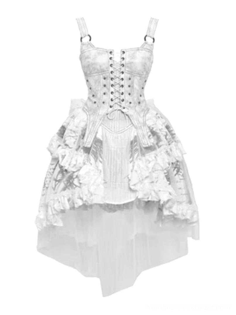 White gothic lace-up corset high-low tulle train dress product image for alternative streetwear styling
