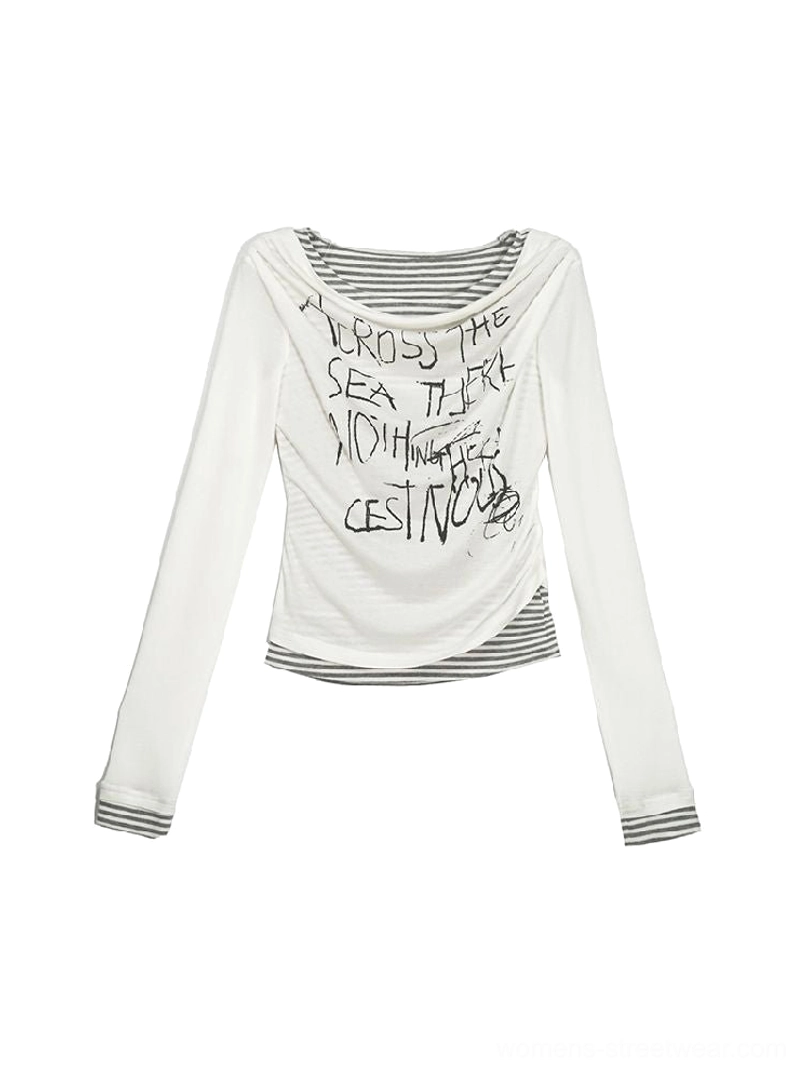 White graffiti layered long sleeve top streetwear product view