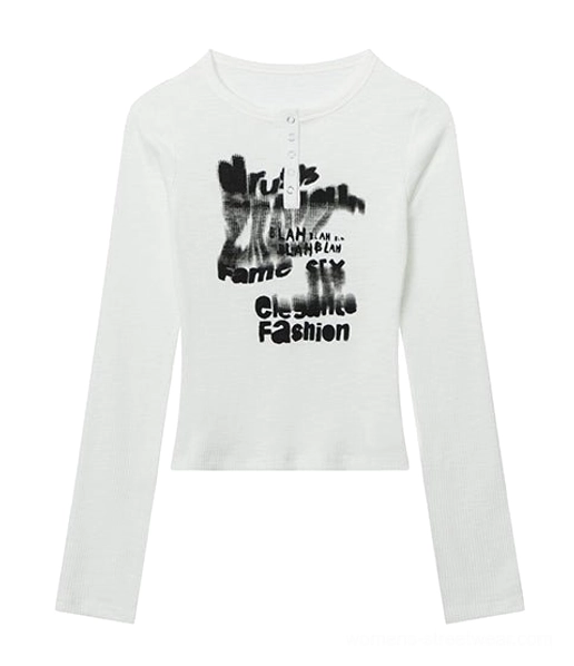 White graffiti letter print ribbed long sleeve Henley crop top flat lay front product view