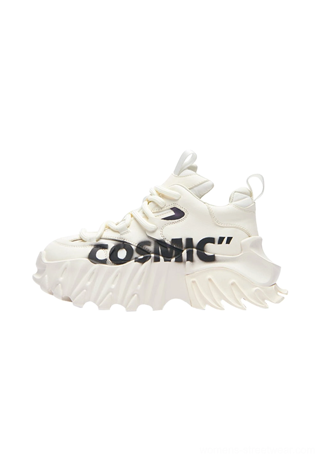 White graphic platform derby shoes with contrasting black lettering and matching jagged chunky platform sole