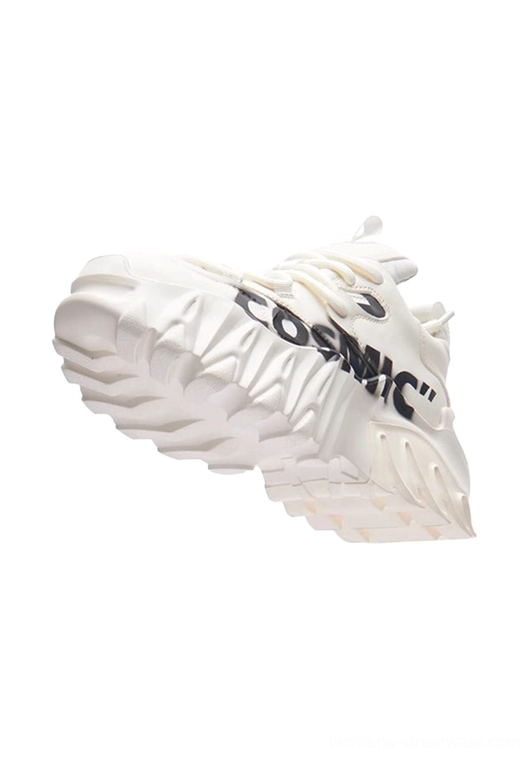 Top view of white graphic platform derby shoes with black lettering and detailed jagged sculpted sole