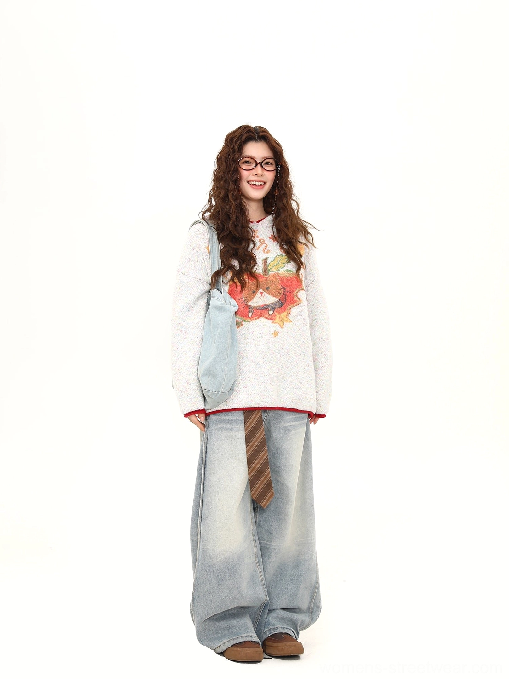 White gray autumn kitty knit sweater styled as Korean streetwear with wide-leg denim, loafers, and crossbody bag