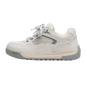 White and gray retro runner street sneakers with breathable mesh panels, layered ultra-fiber overlays, star-inspired vamp detail, and thick rubber outsole shown in left side profile