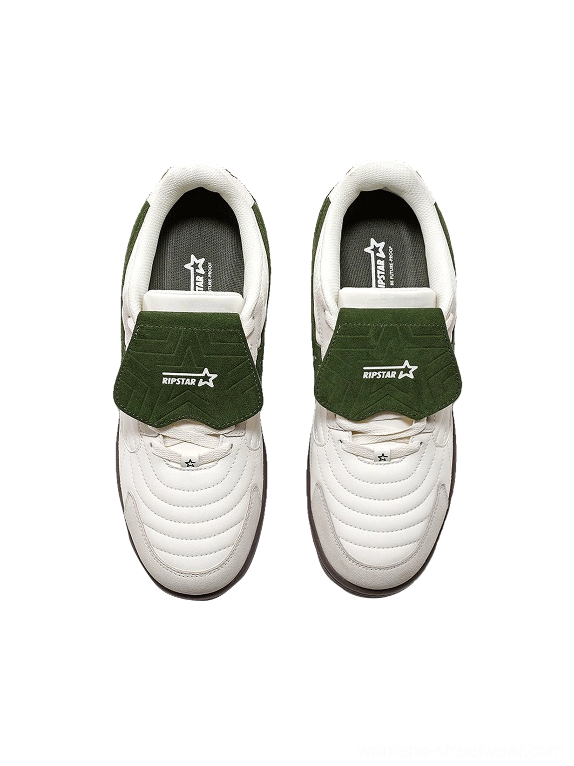 Top view of paired white and green detachable tongue sneakers with quilted toe caps star branding tonal laces and contrast details