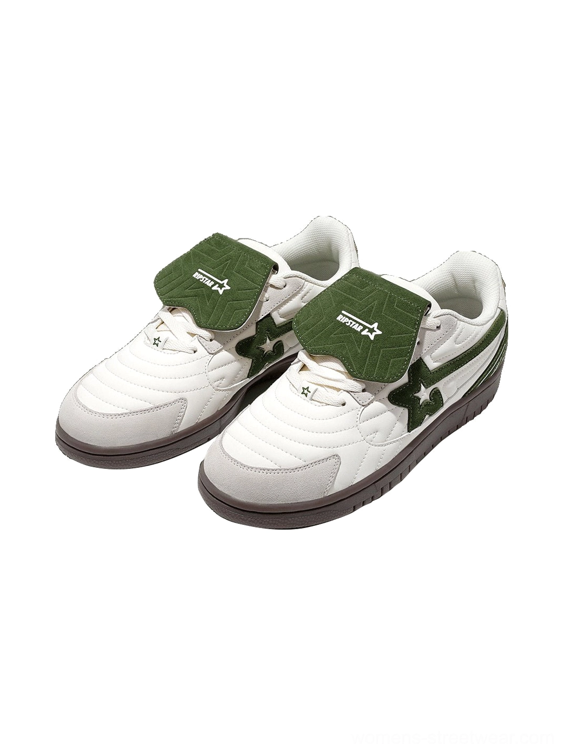 White green detachable tongue star low top streetwear sneakers with layered suede panels quilted toe and dark contrast outsole