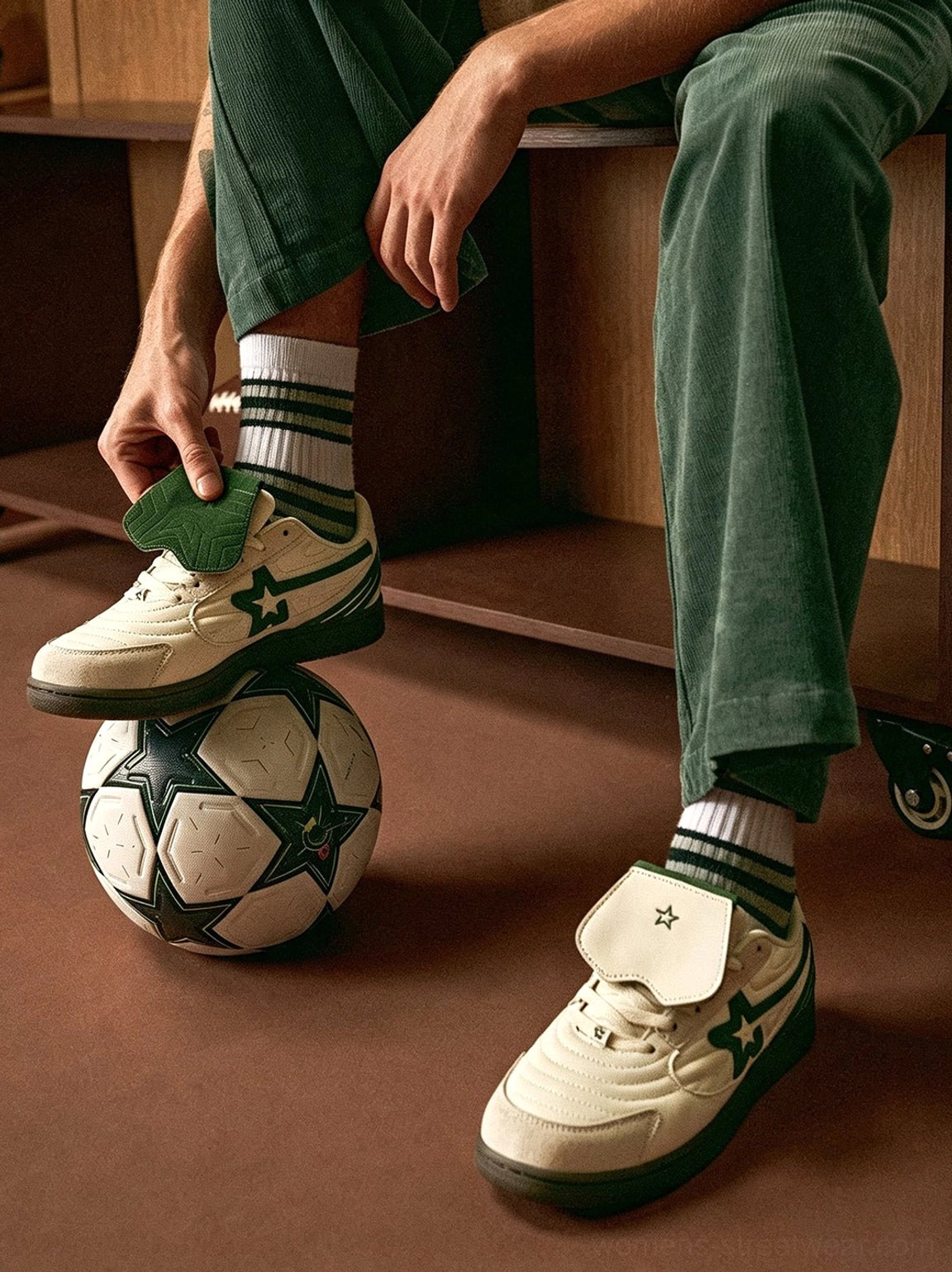 Close styling view of white green star streetwear sneakers with a model adjusting the removable tongue beside a soccer ball
