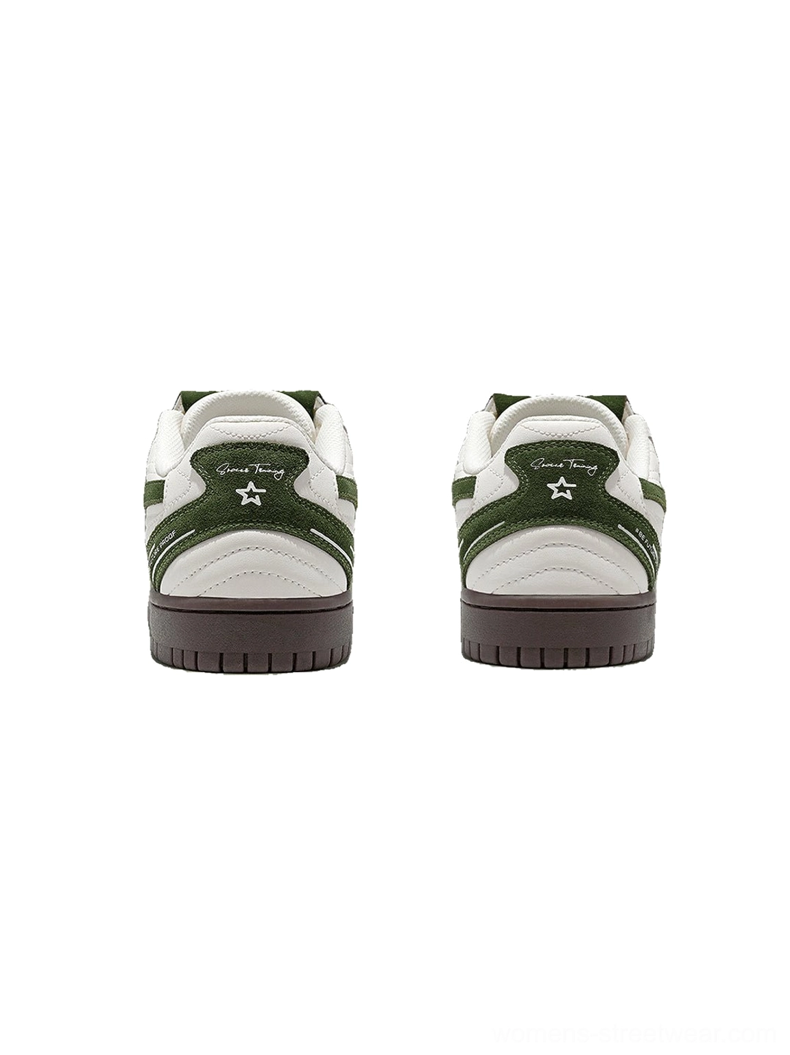 Rear view of matching white and green streetwear sneakers with star heel details dark green suede heel tabs and brown outsoles