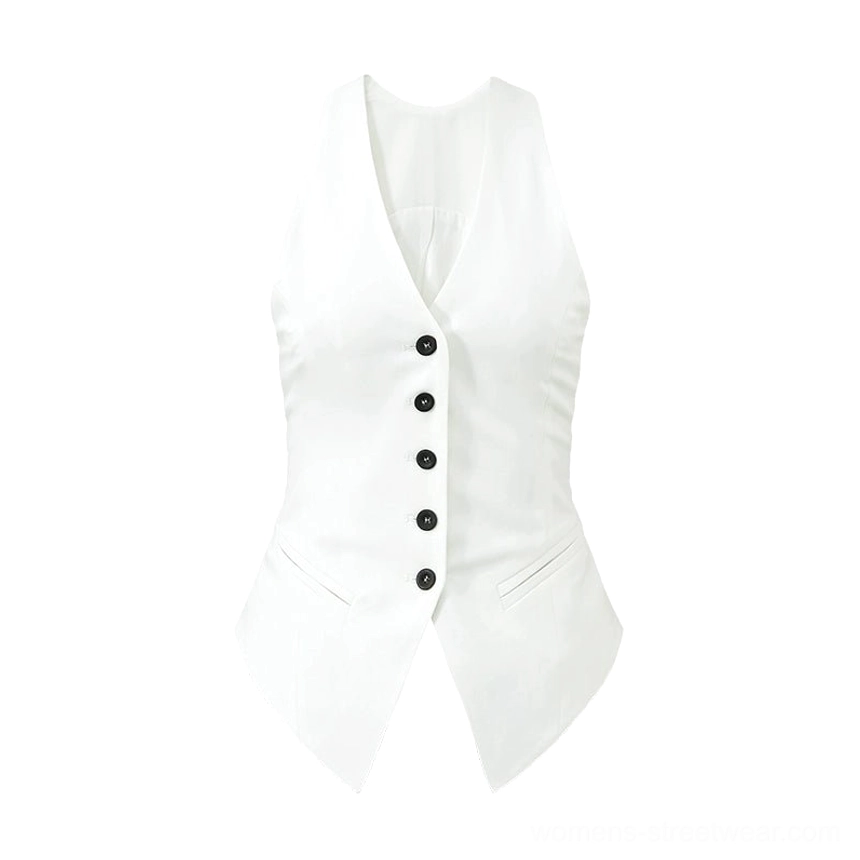 White halter vest and wide-leg trousers coordinated outfit with clean suiting lines and modern streetwear appeal