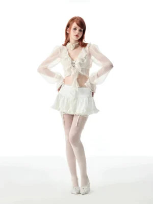 White ruffled lace mini skirt paired with a sheer cropped blouse in a feminine Korean streetwear outfit