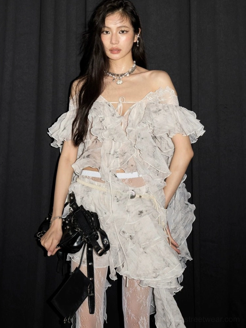 White lace ruffle mini skirt styled with a sheer floral off-shoulder top and modern Korean streetwear accessories