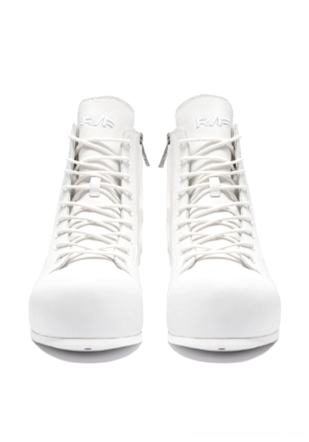 Front view of pair of white leather high-top boots with matching laces, rounded toe caps, and elevated soles
