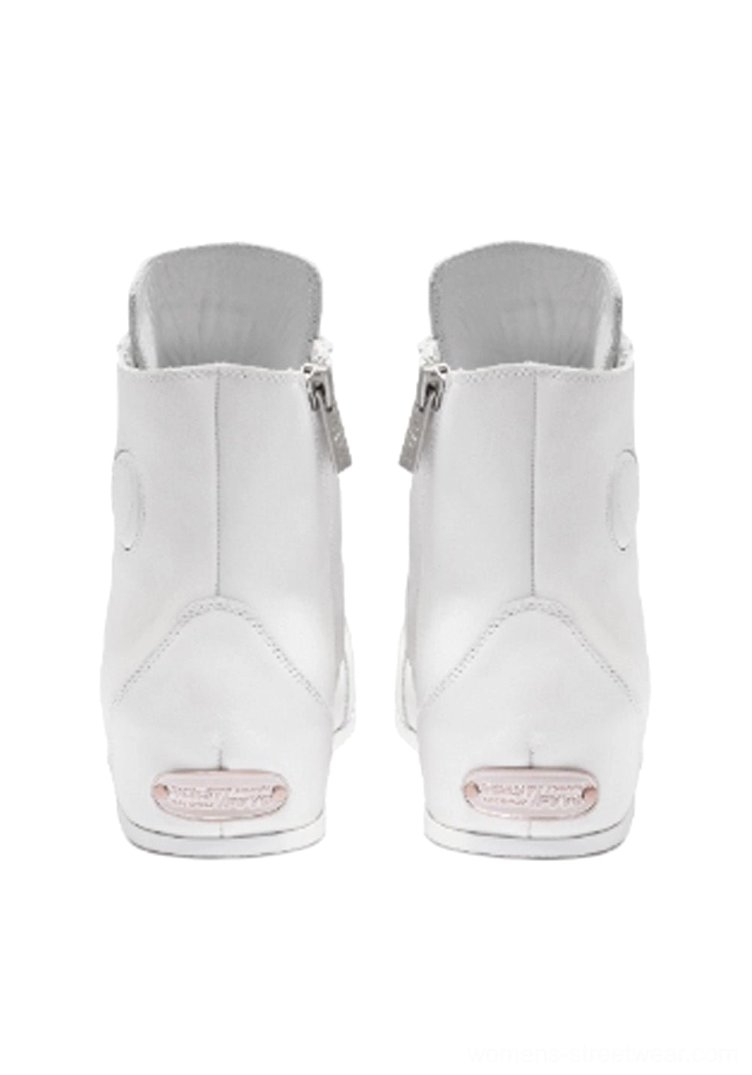 White leather high-top boots with side zip, rounded toe, lace-up shaft, and sculpted elevated sole