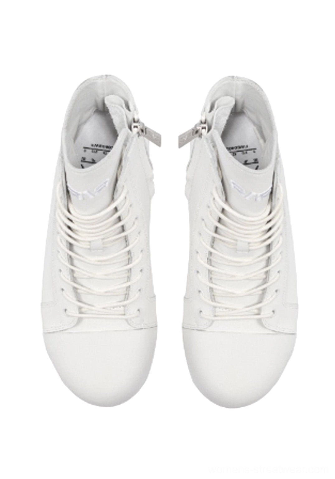 Top rear view of white leather high-top boots showing lace-up fronts, side zippers, and interior insoles
