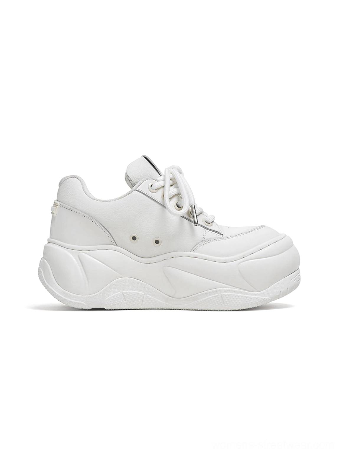 Single white leather-look platform sneaker shown from the rear side with lace eyelets heel tab and curved outsole