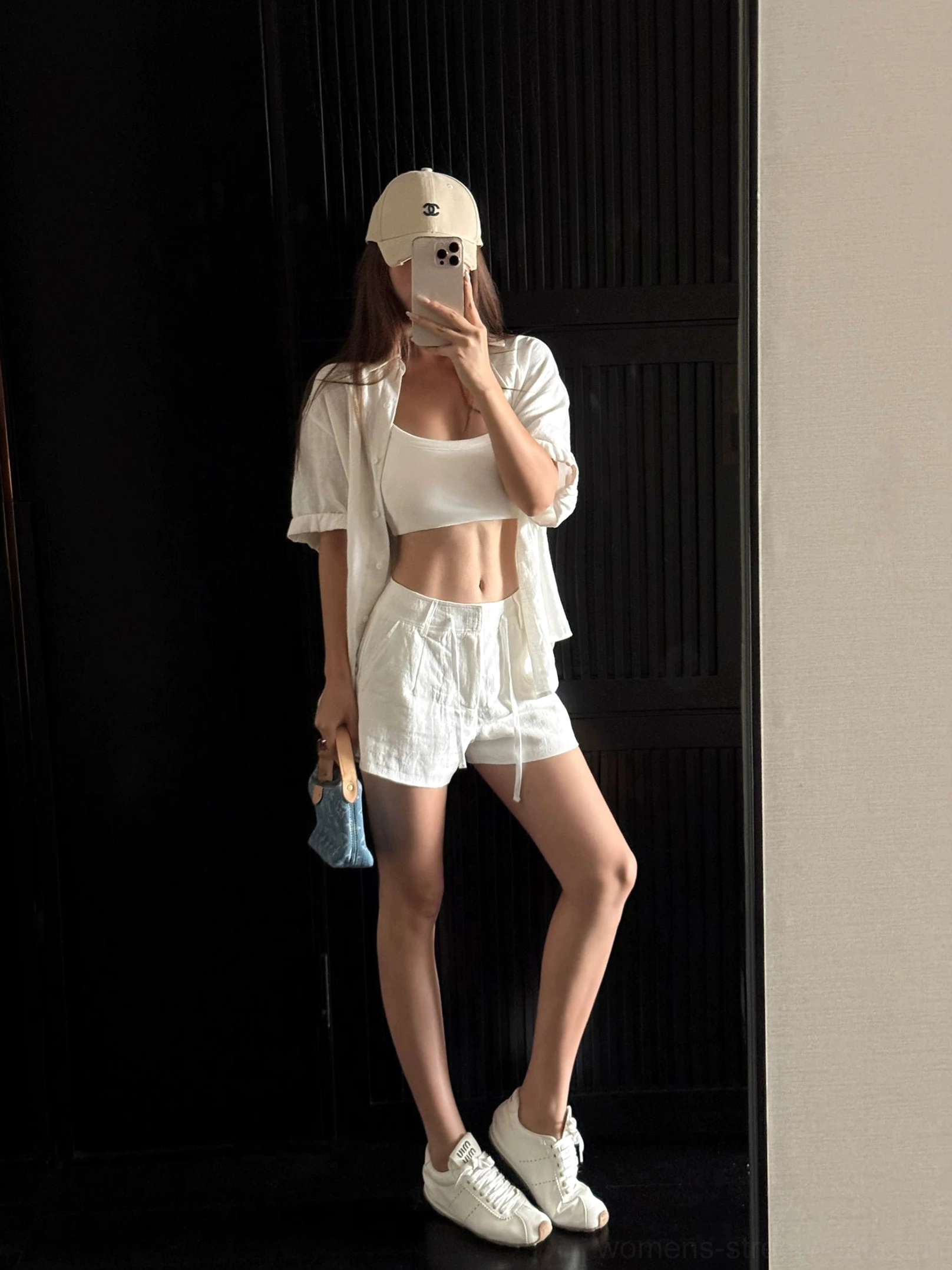 White linen oversized half-sleeve shirt with matching drawstring shorts, mirror selfie residential street background with cap