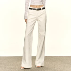 Side profile of white wide-leg denim jeans showing the low-rise waist, relaxed hip fit, full-length drape, and modern Korean streetwear silhouette