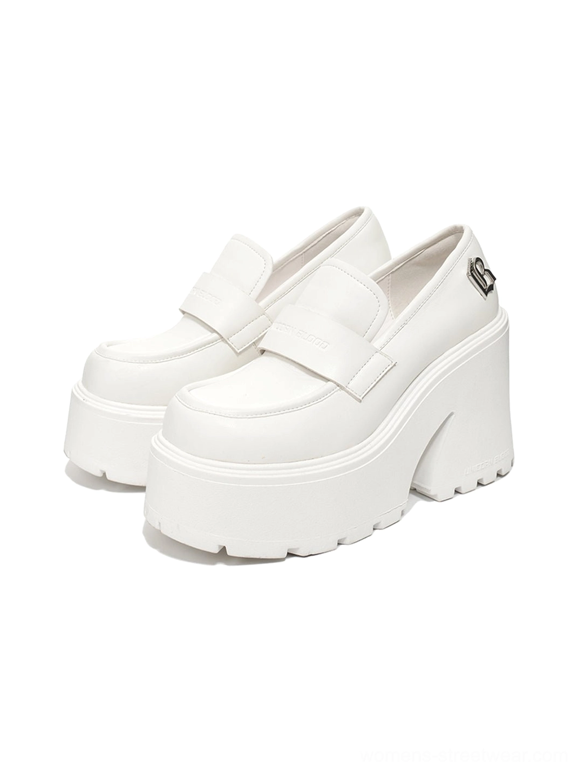 Pair of white chunky lug platform block heel loafers with smooth upper metal hardware and deep tread sole