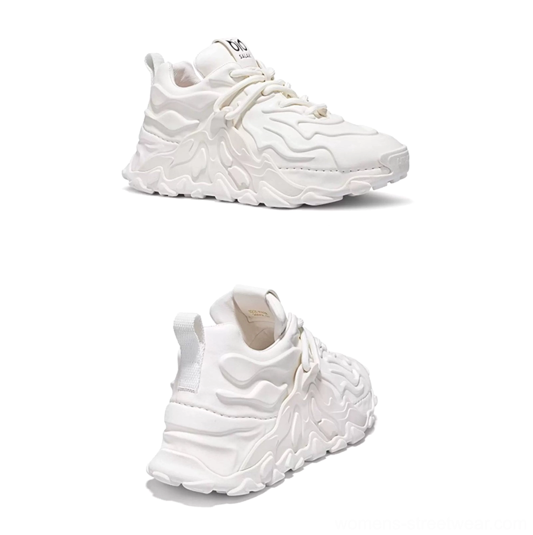 Rear side view of white MagmaFlow sculpted chunky sneakers showing the padded heel tab and fluid wave leather construction