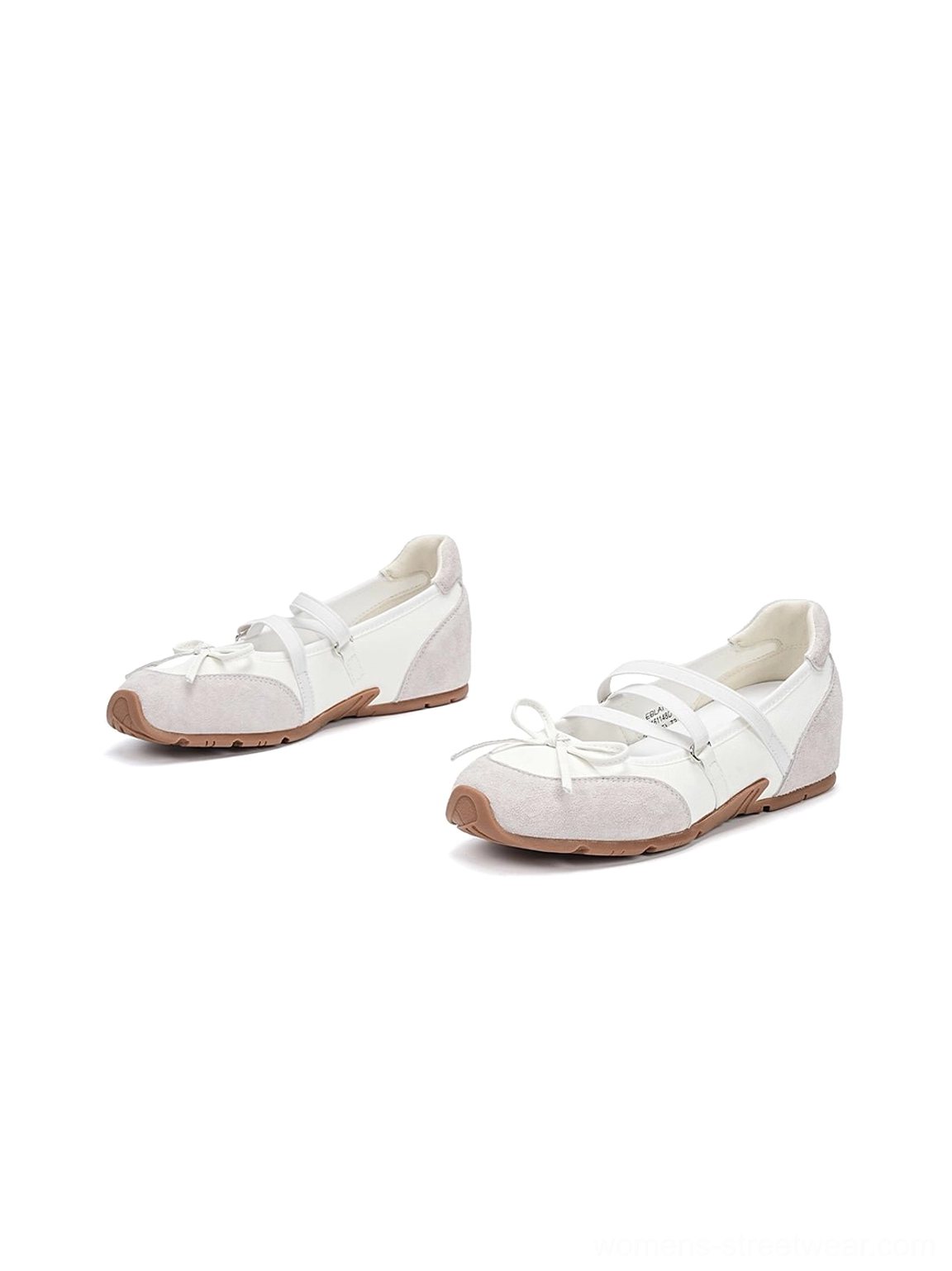 White and light grey Mary Jane ballet sneakers angled top view featuring compact low-profile shape bow straps and gum outsole